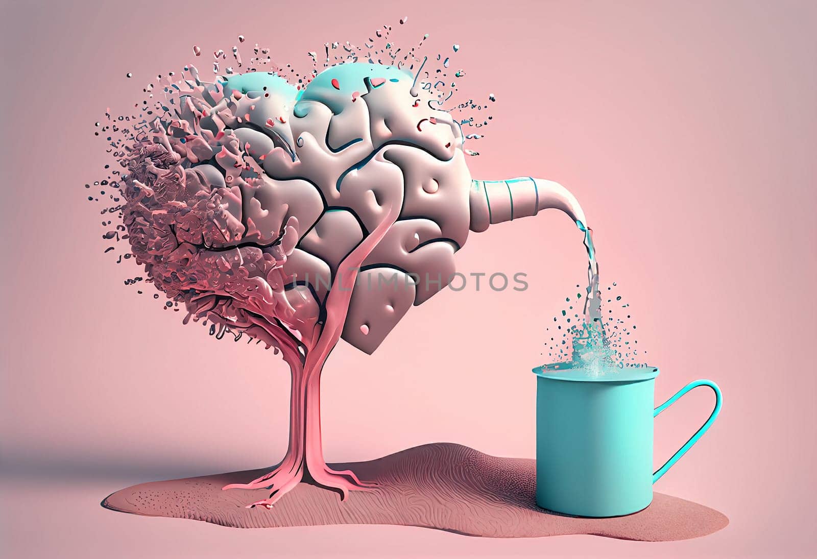 Human brain tree in heart shape pouring water into a cup, mental health concept, love and emotion, positive attitude, creative thinking, generative AI