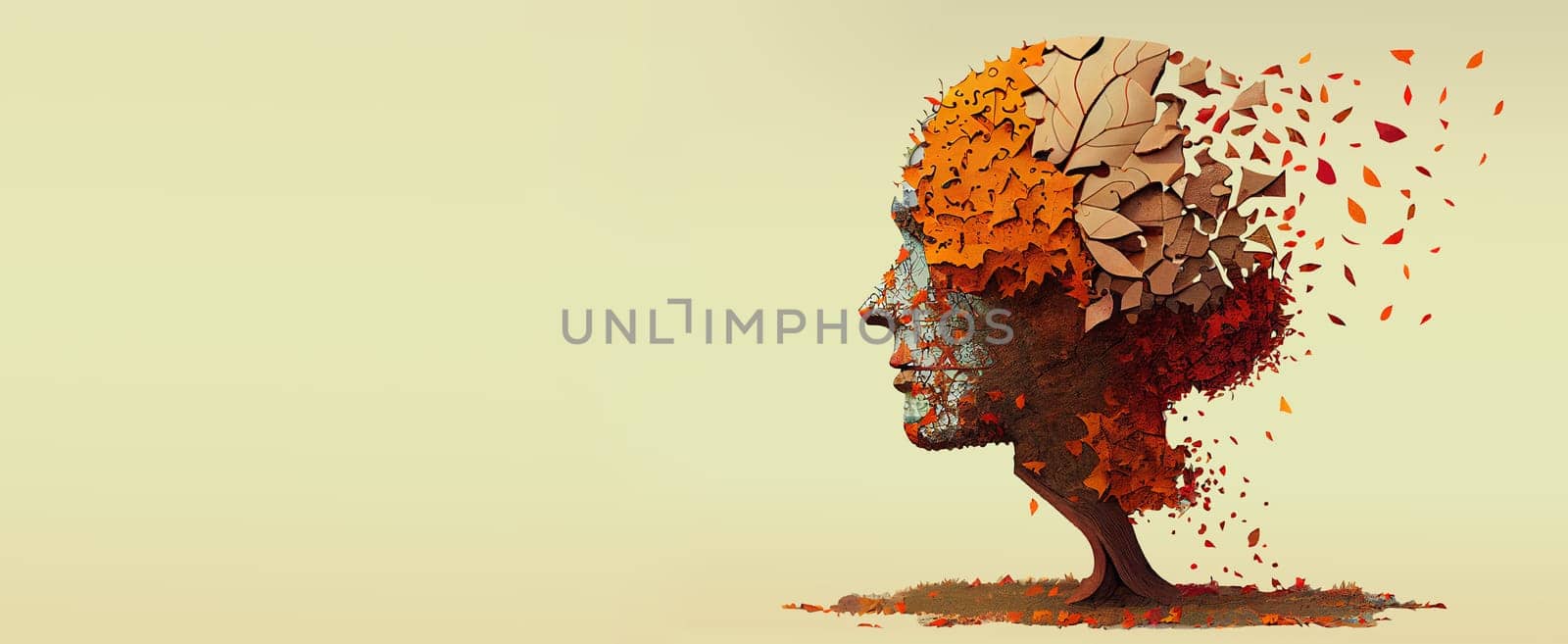 Alzheimer awareness day, dementia diagnosis, Parkinson´s disease, memory loss disorder, brain with autumn foliage, generative AI