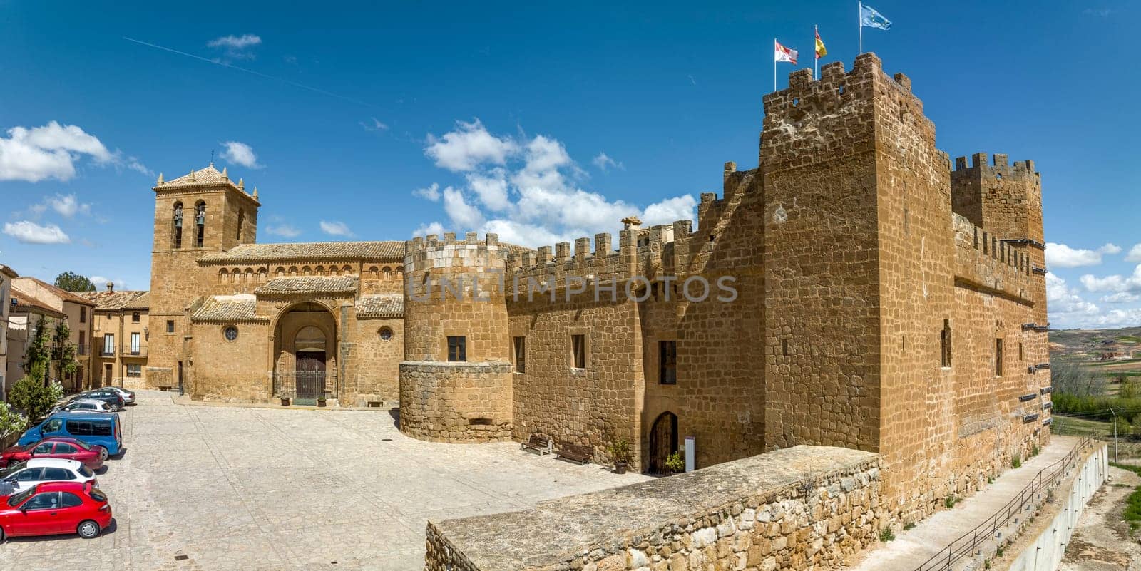 Panoramic aerial view of Monteagudo de las Vicarias is a historic town in the province of Soria, judicial district of Almazan, Autonomous Community of Castilla and Leon, Spain.