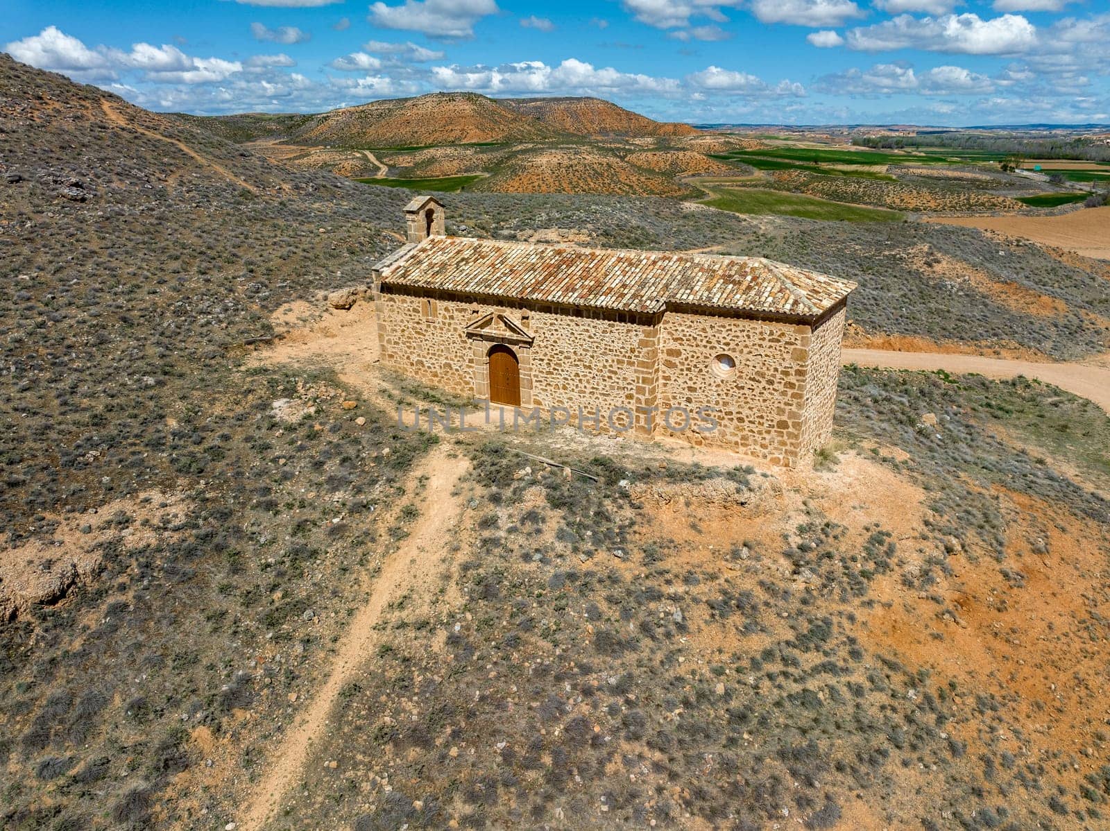 Aerial view of Pozuel de Ariza in the province of Zaragoza Our Lady of the Tower hermitage