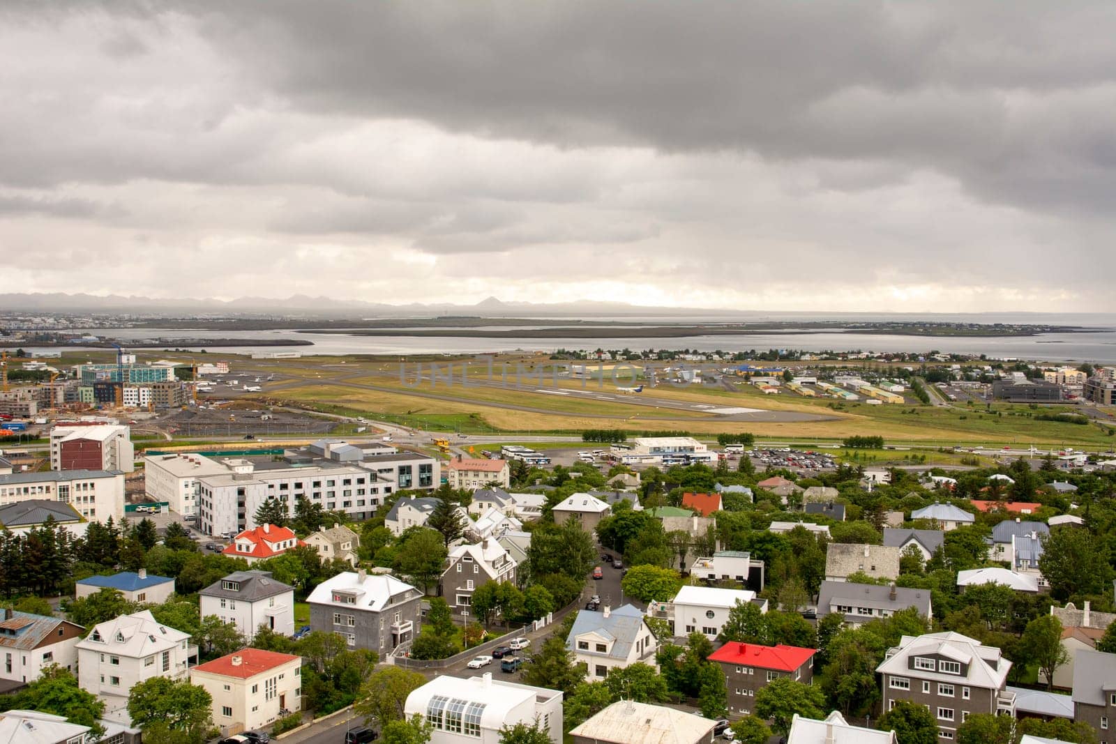 Reykjavik,Iceland, July 2019: view over the city airport, high angle view