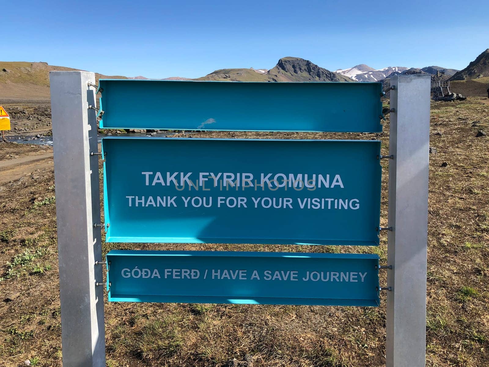 Katla, Iceland, July 2019: thank you for visiting sign board to Icelandic Katla Geopark or Jardvangurinn