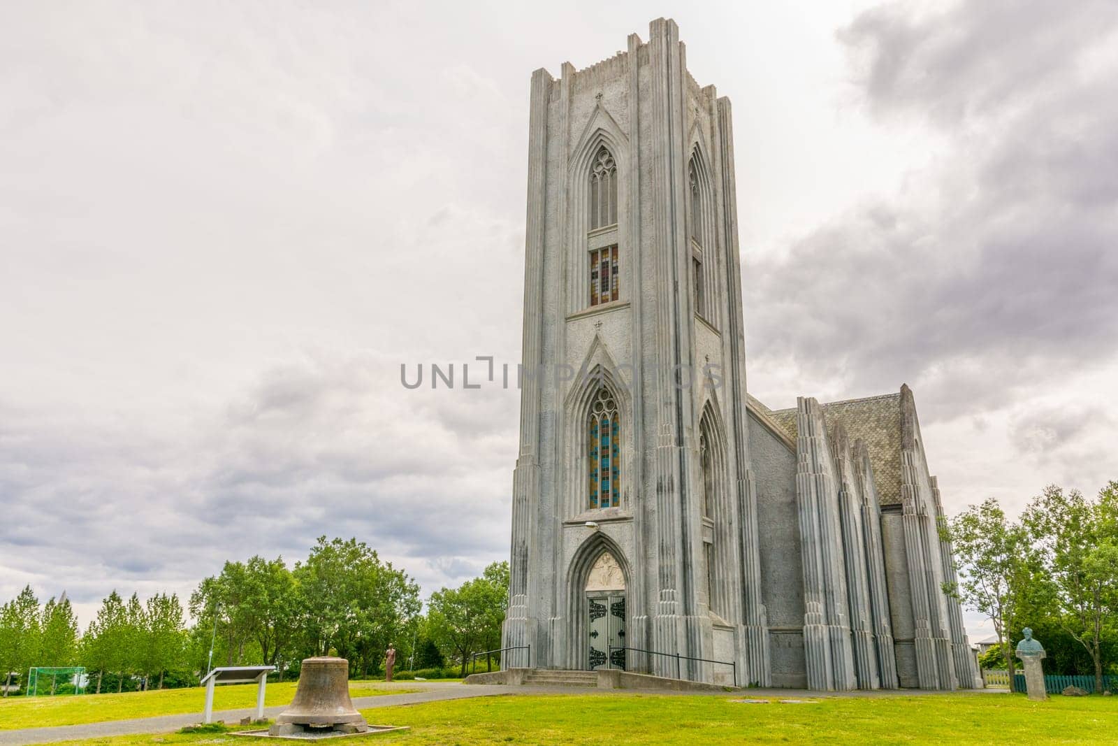 Iceland, Reykjavik, July 2019: Cathedral of Christ the King or in Icelandic: Landakotskirkja, formally Basilika Krists konungs (The Basilica of Christ the King), often referred to as Kristskirkja