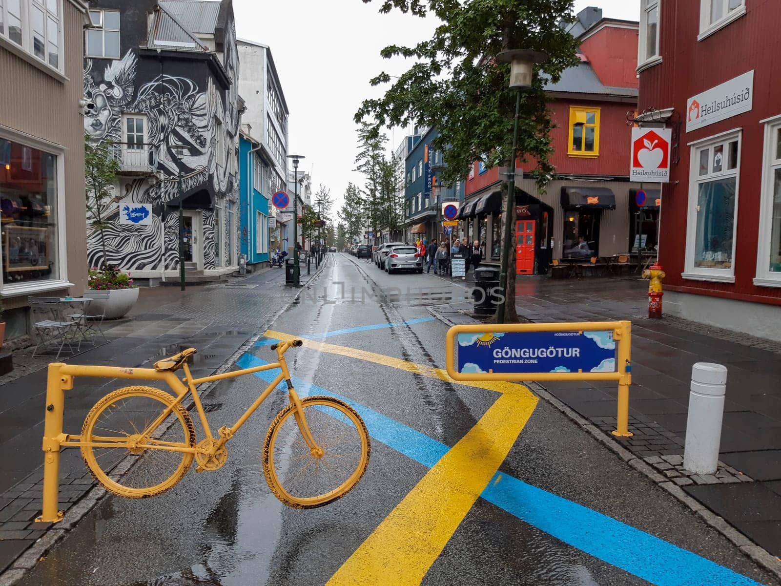 Reykjavik, Iceland, July 2019: pedestrian zone in Reykjavik, Iceland, on a rainy day