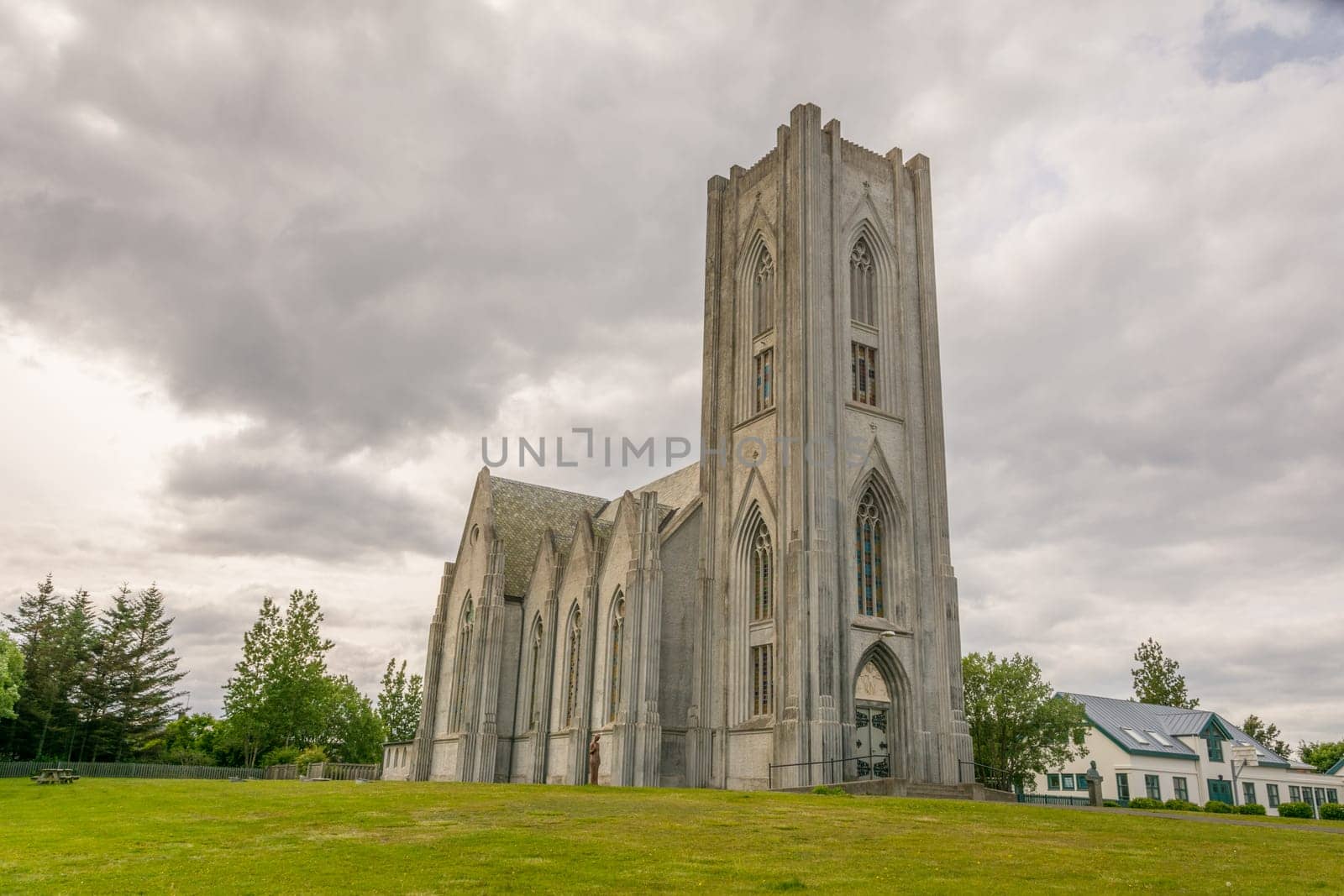 Iceland, Reykjavik, July 2019: Cathedral of Christ the King or in Icelandic: Landakotskirkja, formally Basilika Krists konungs (The Basilica of Christ the King), often referred to as Kristskirkja