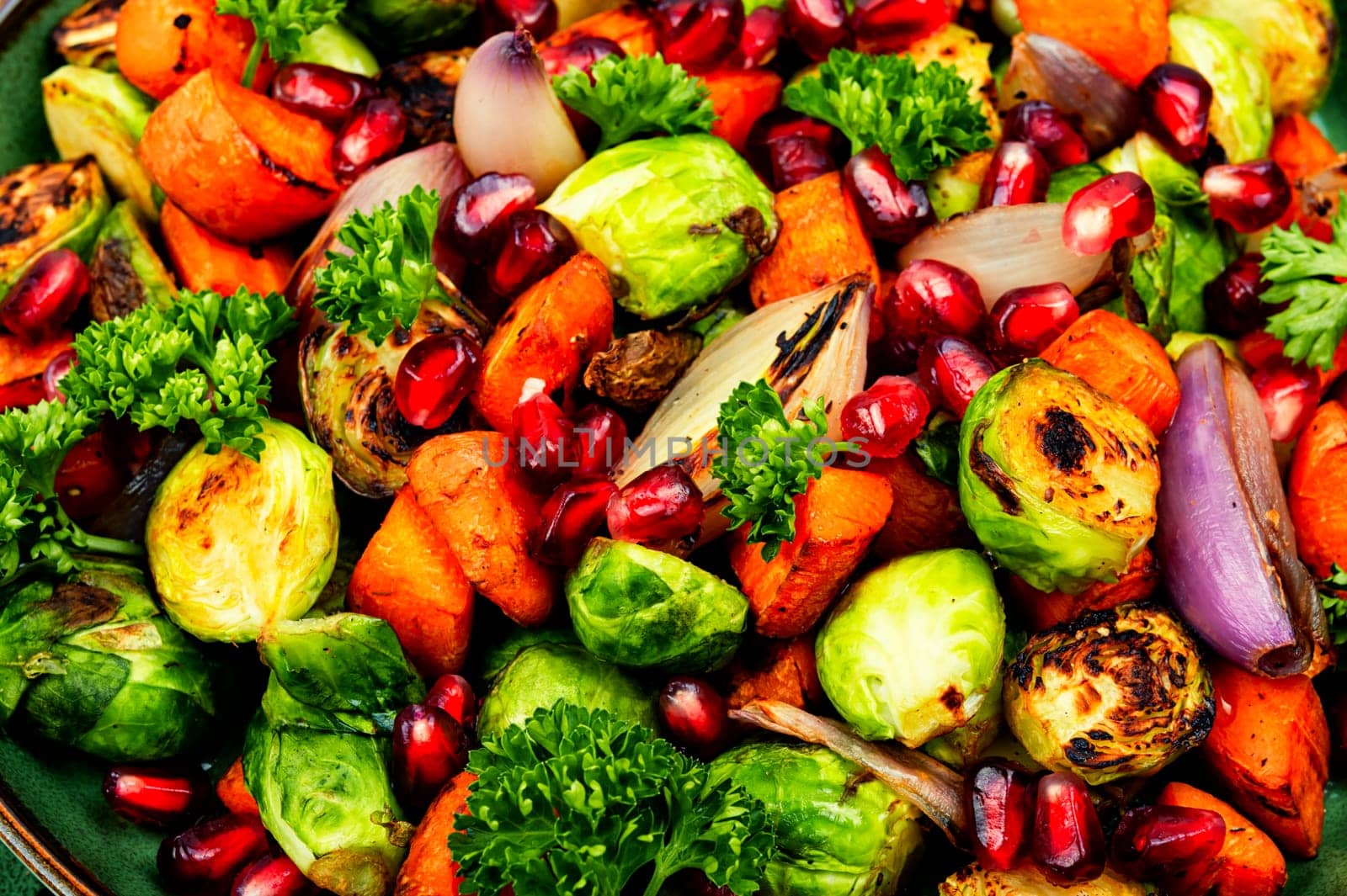 Bright dietary vegetable salad of cabbage, herbs and physalis. Healthy eating