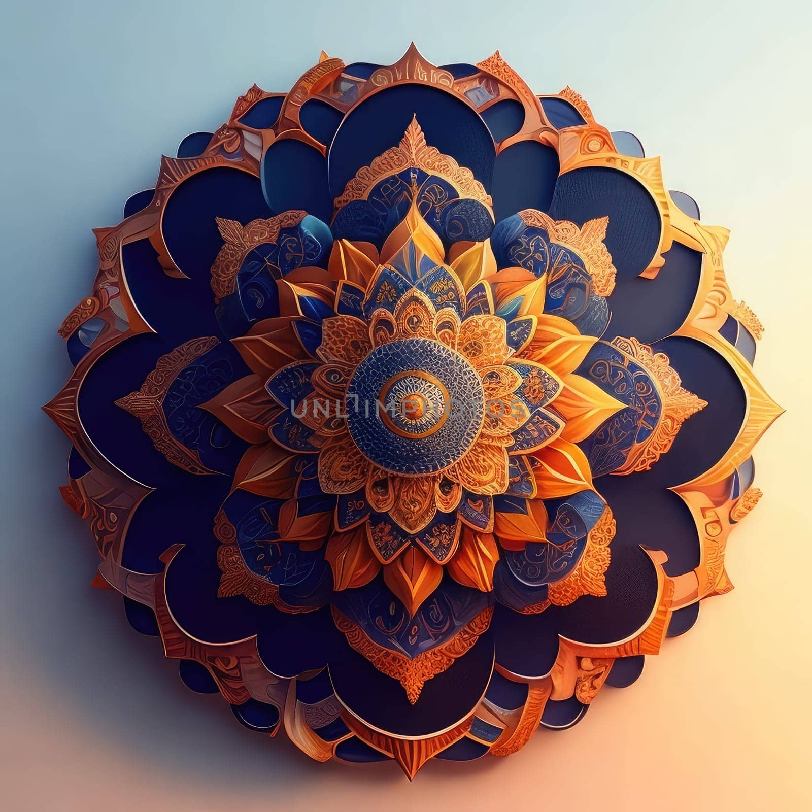 3D illustration of a mandala in orange and blue colors.