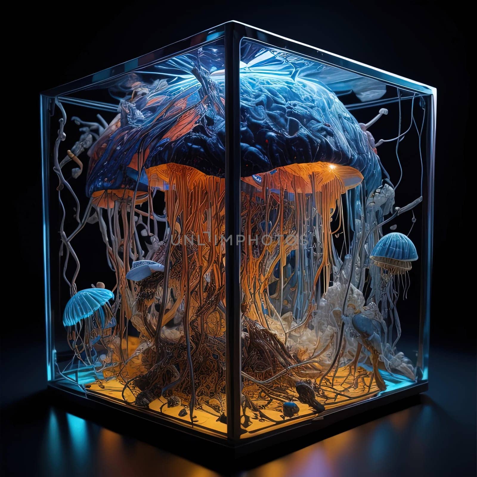 3D illustration of jellyfish in a glass aquarium. ai generated