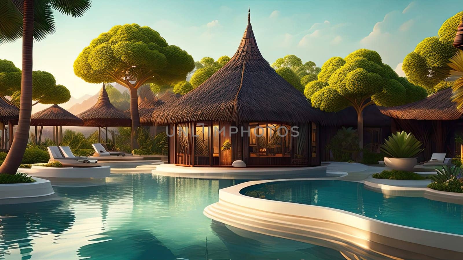 3D render of a beautiful tropical villa with swimming pool.