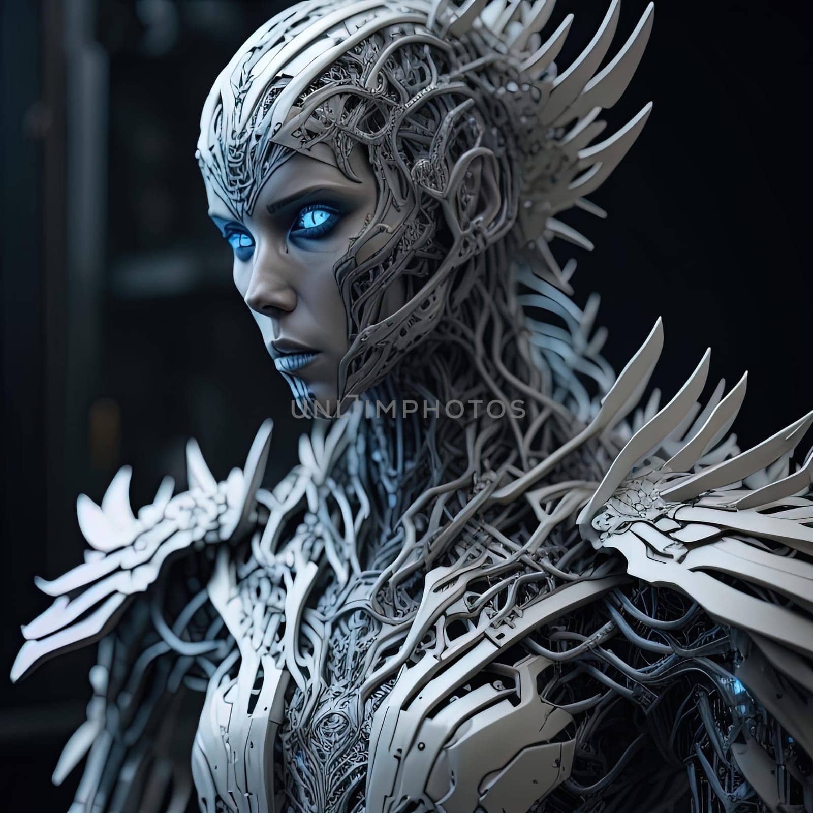3D rendering of a female fantasy warrior with white skin and blue eyes. ai generated