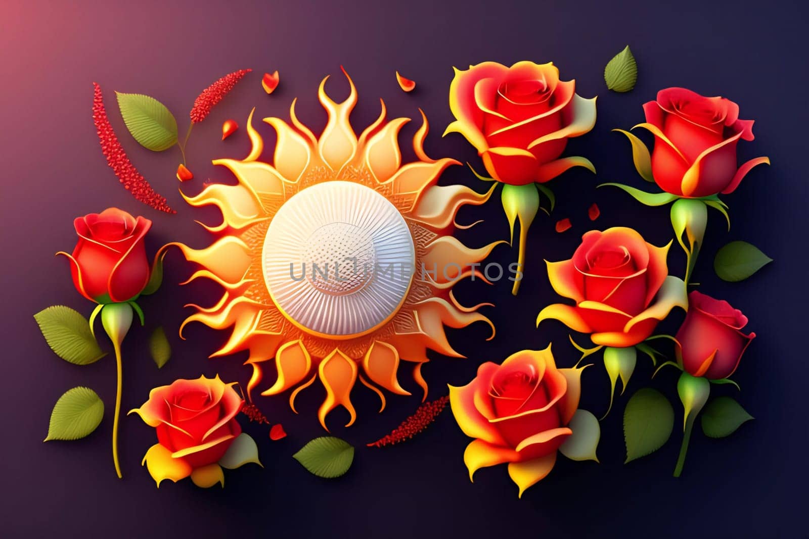 3d illustration of red and yellow rose flowers over dark blue background