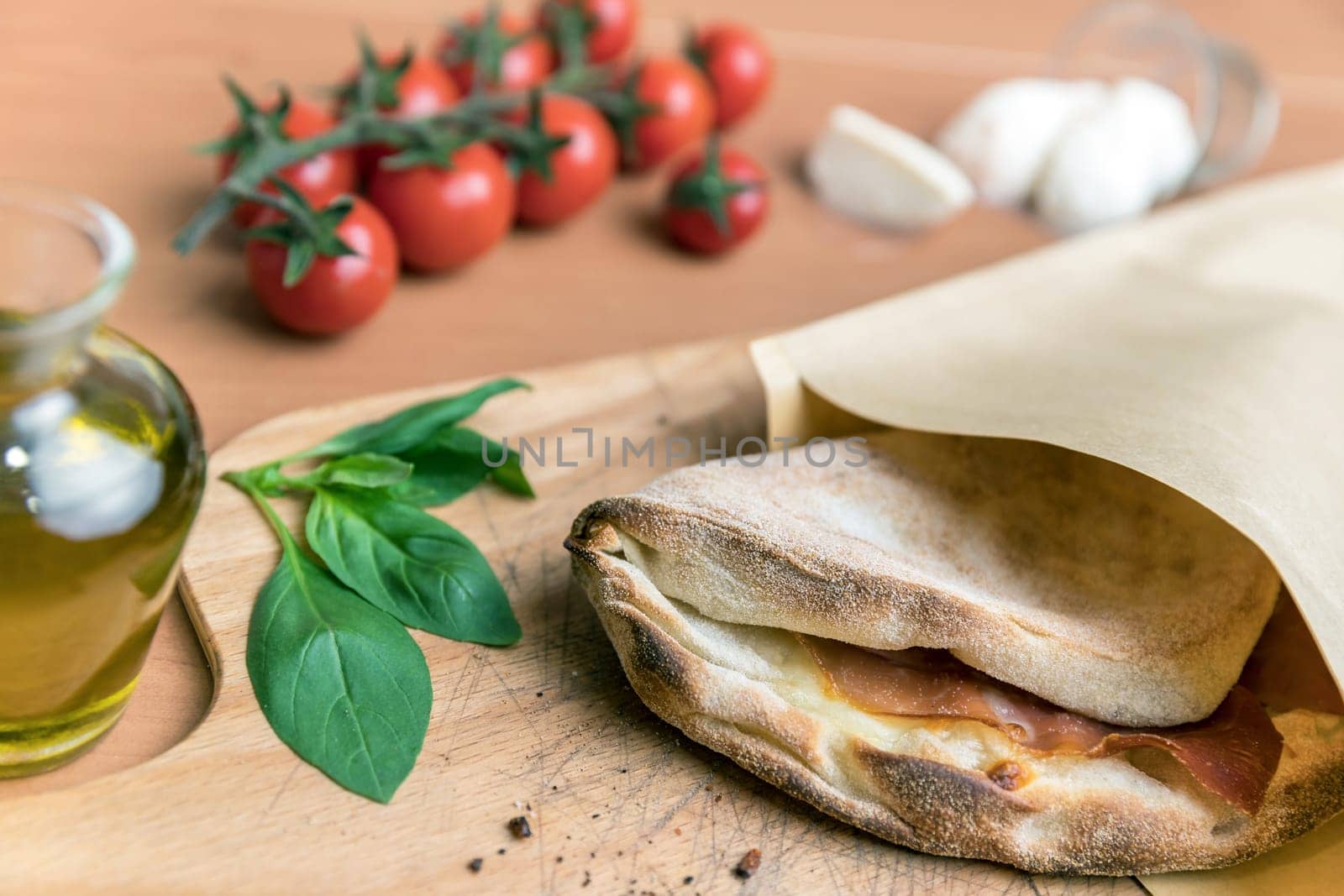 Pinsa romana and scrocchiarella gourmet italian cuisine. Traditional dish in italy.