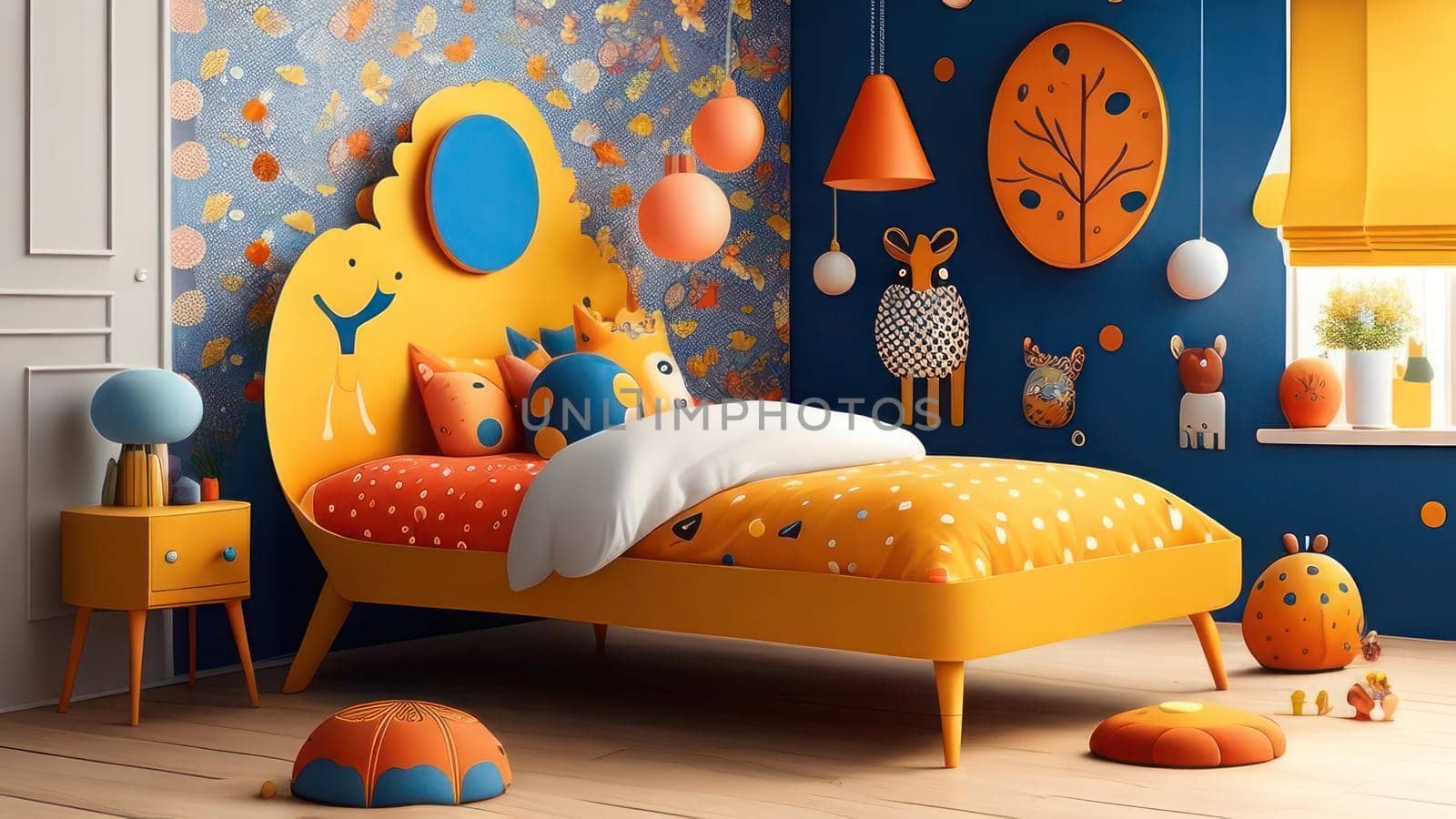 3d render of children's room with yellow bed and toys.