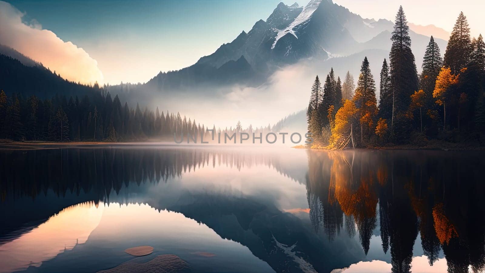 Beautiful mountain landscape with lake and reflection in water. generative ai