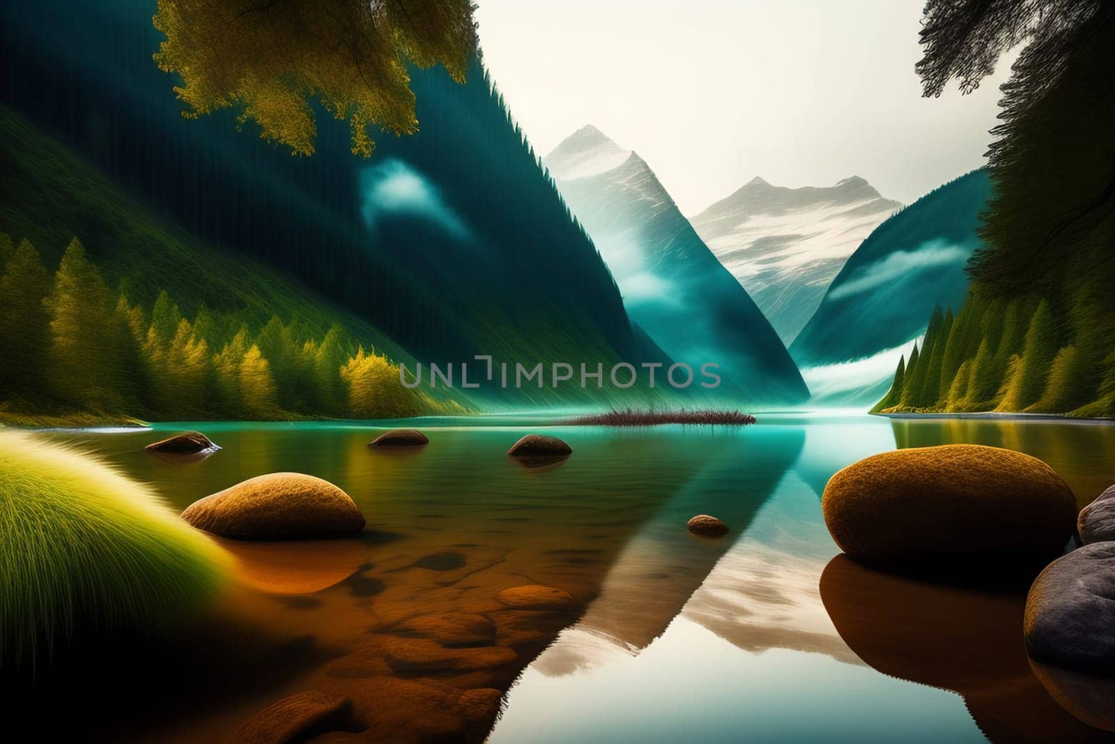 Beautiful mountains reflected in the lake. 3D rendering