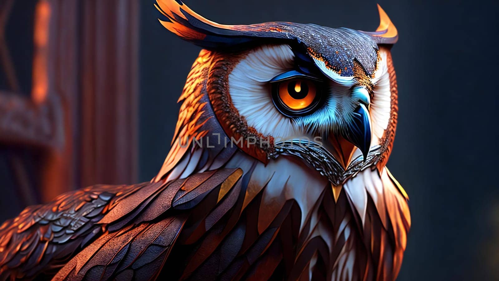 Close up of owl. Highly detailed digital painting and atmospheric lighting. Ai generated