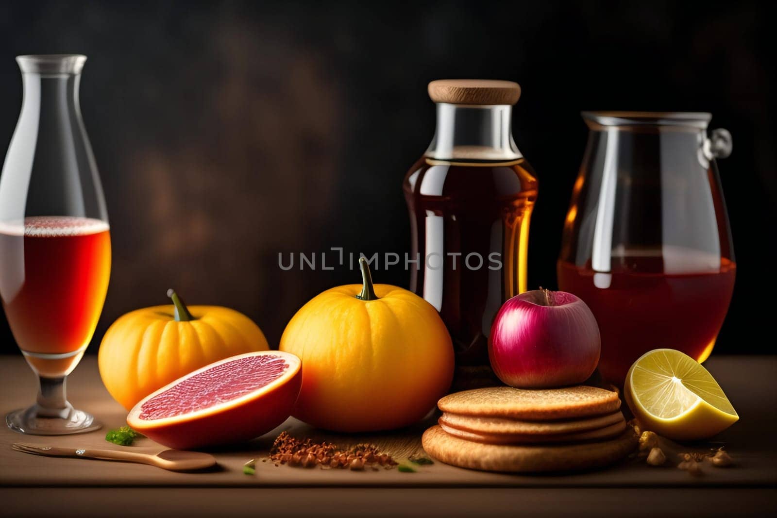Autumn still life with fruits and wine on a dark background. 3d render