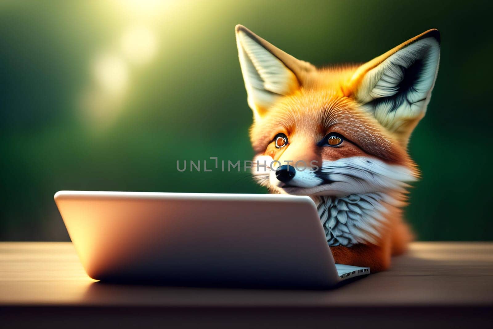 Cute fox with laptop on green background. 3D rendering.