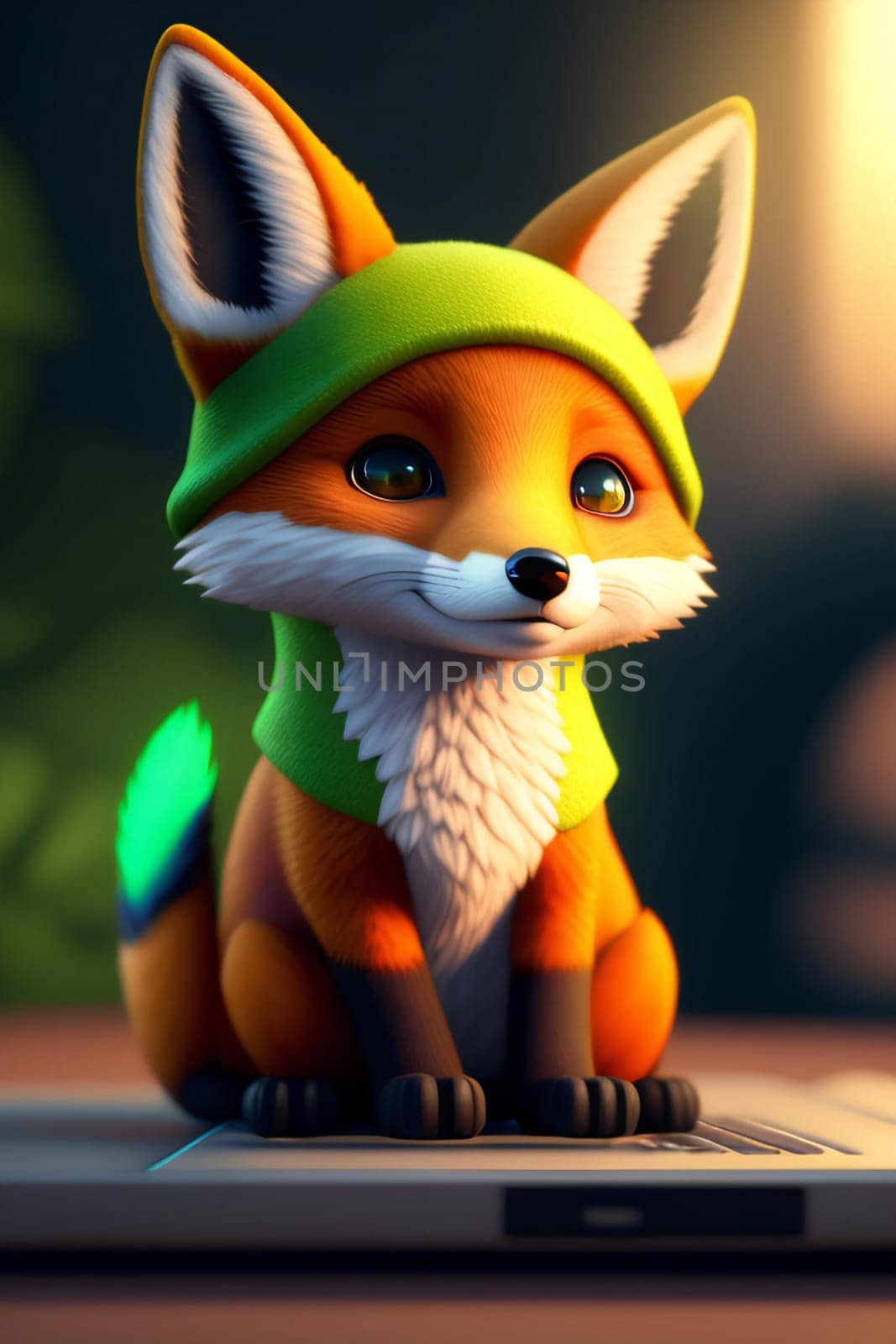 Cute little fox sitting on a laptop computer, 3d illustration