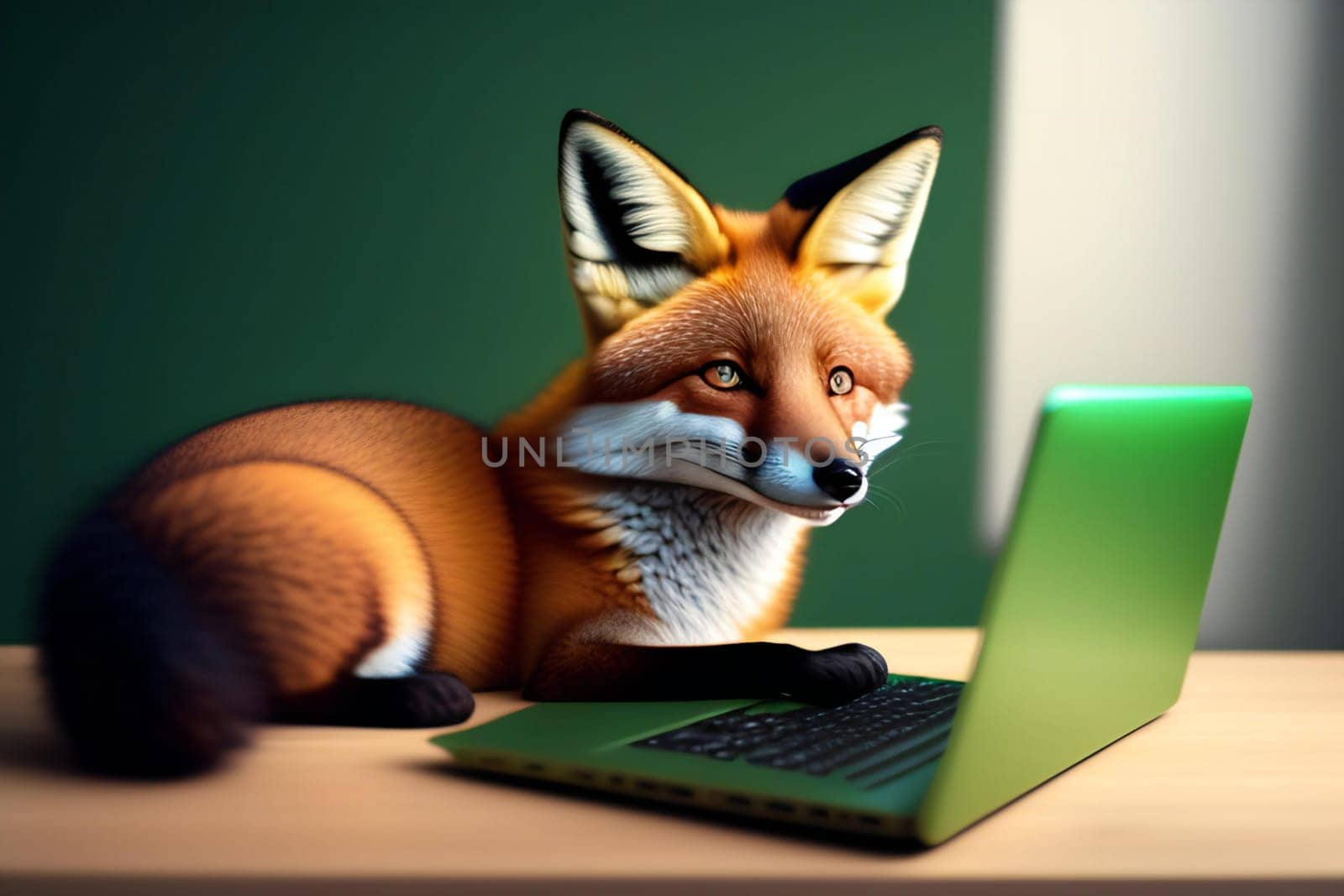 Cute fox with laptop on green background. 3D rendering.