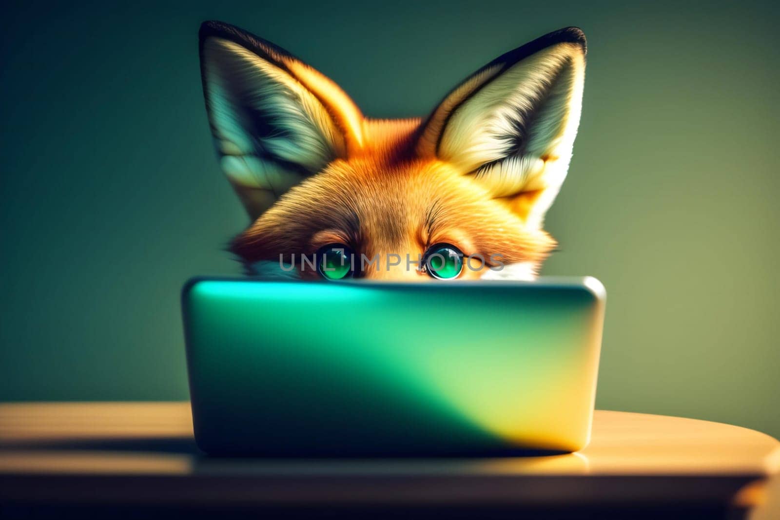Cute fox with laptop. Portrait of red fox with green eyes.3d render