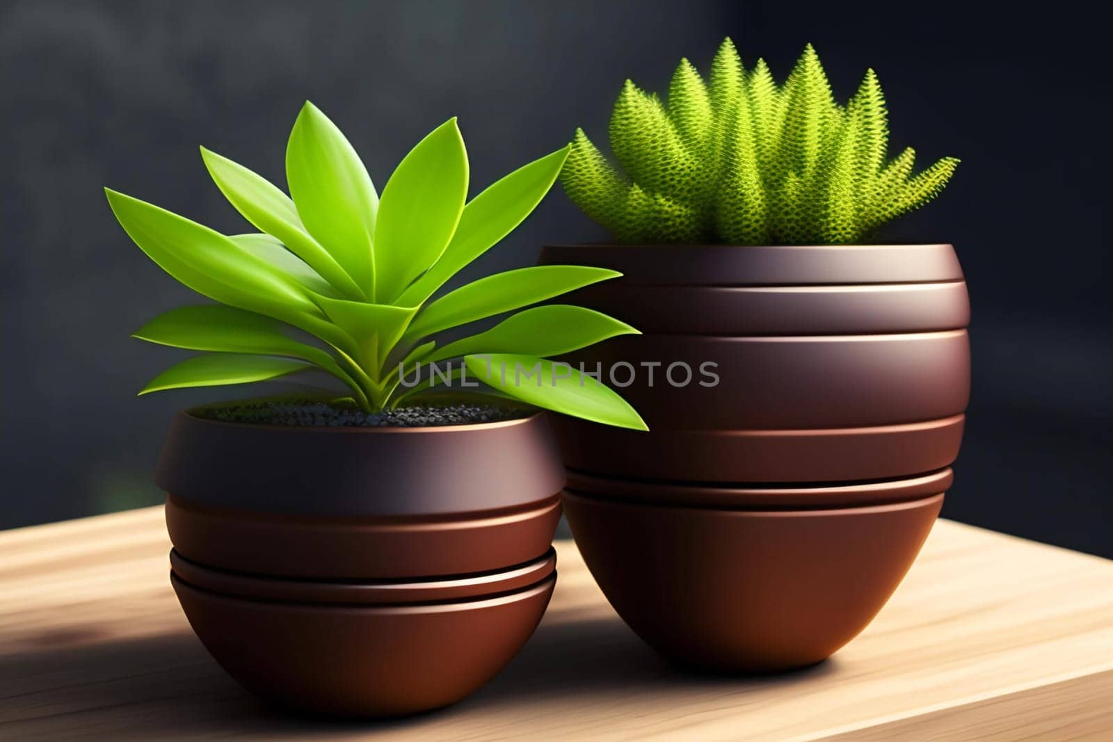 Green plant in vase on wooden table with black wall background