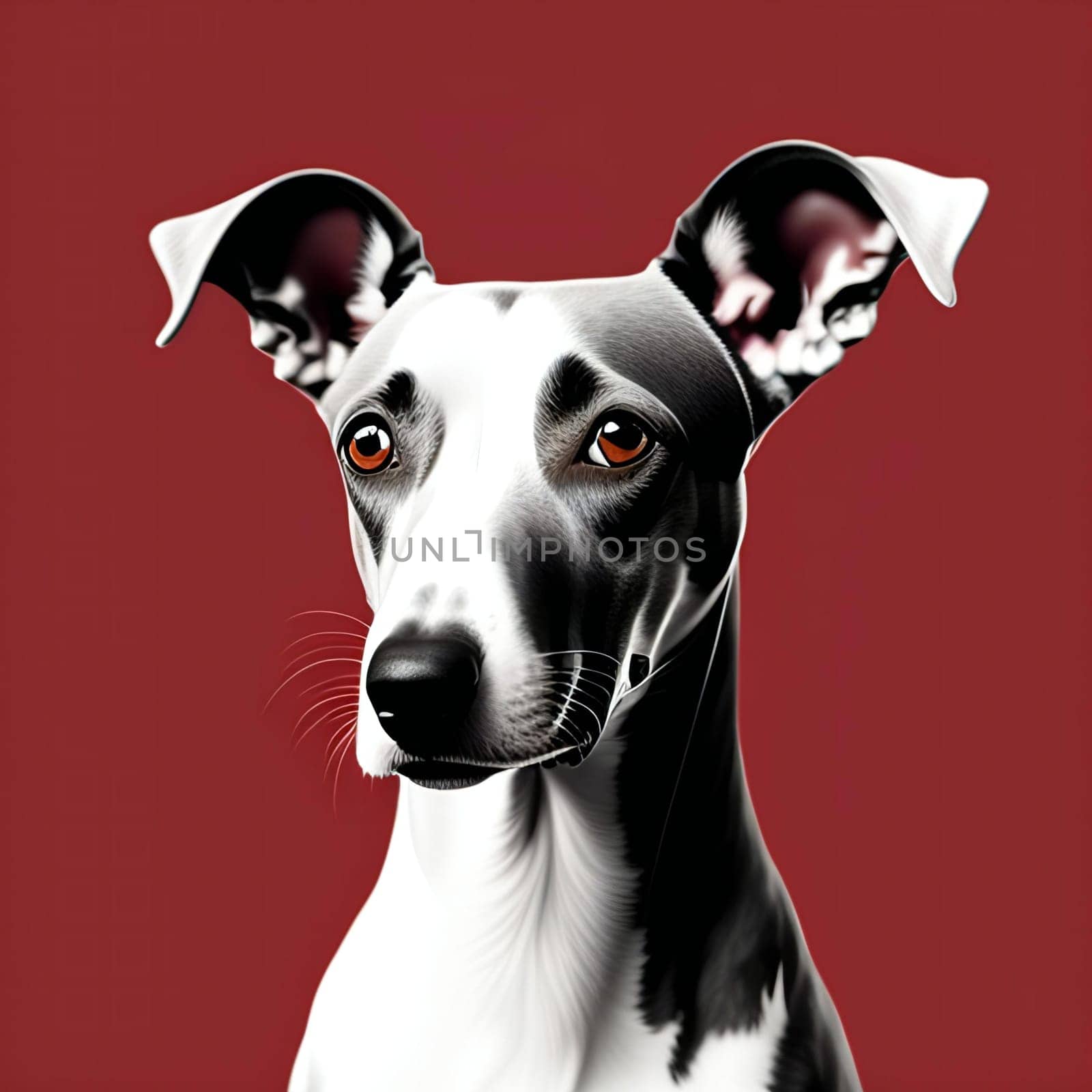 Digital composite of Portrait of Whippet dog against red background. 3d render