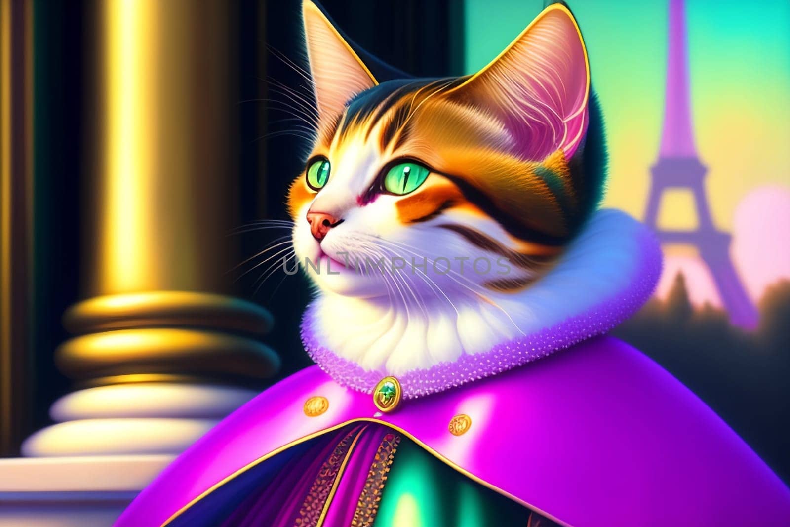 Portrait adorable anthropomorphic kitten as Marie Antoinette wearing chic French outfit
