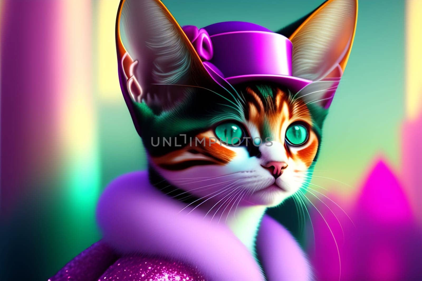 Portrait adorable anthropomorphic kitten as Marie Antoinette wearing chic French outfit