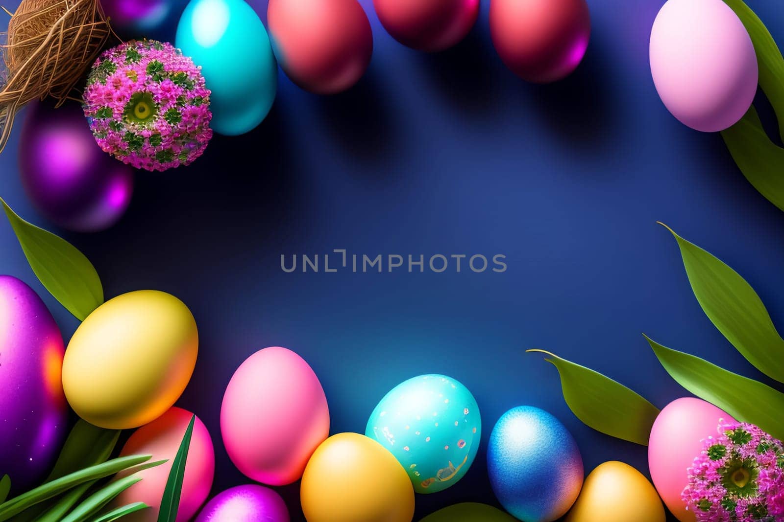 Easter background with colorful eggs and green leaves. Vector illustration.