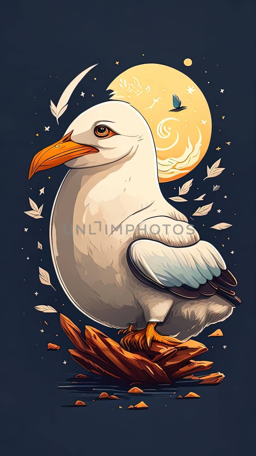Vector illustration of a seagull on a background of the moon