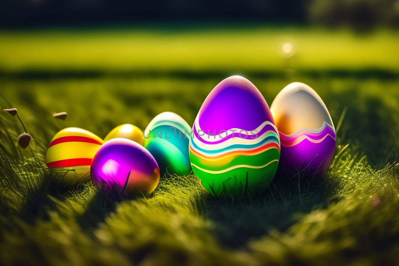 Colorful easter eggs on green grass with sun flare background