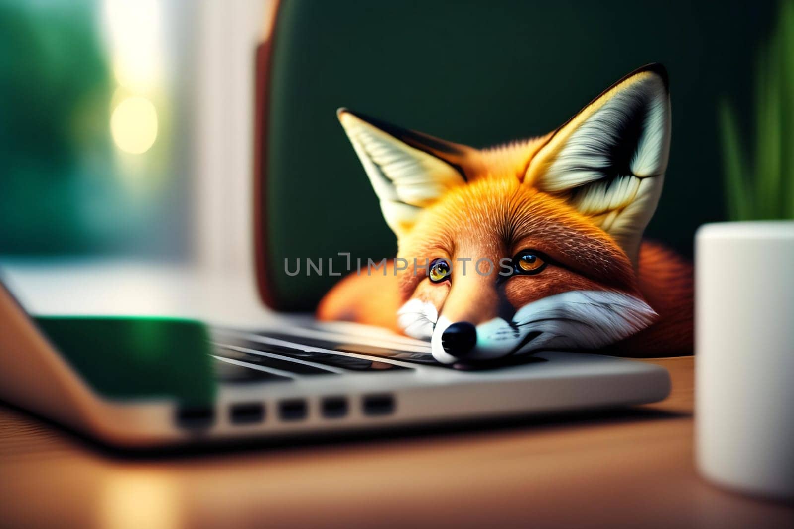 Cute fox with laptop on green background. 3D rendering.