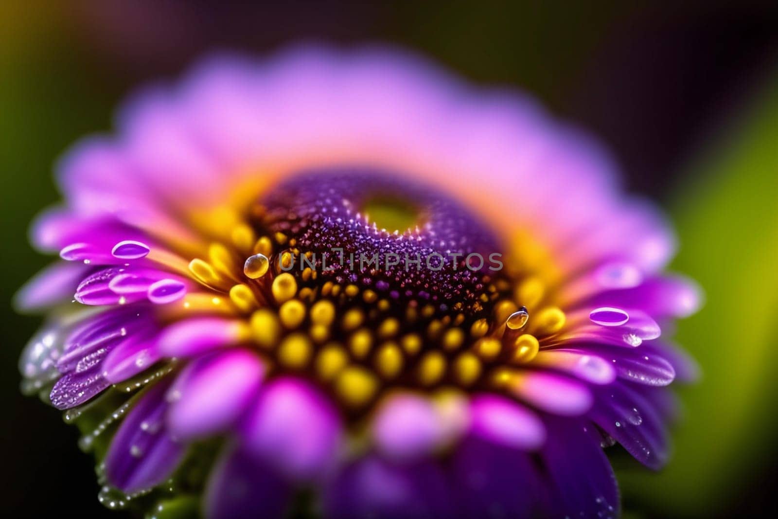 Macro close-up of a flower in bloom with dew drops. generative ai