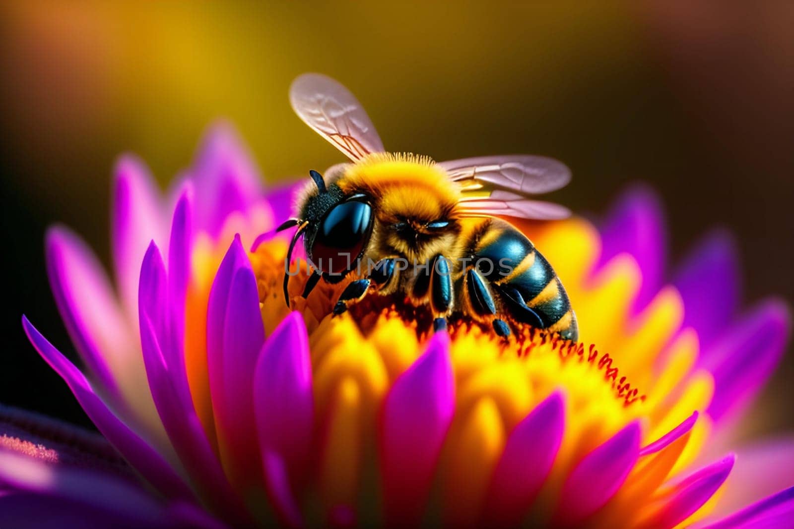 Macro shot of a bee collecting pollen from a flower. generative ai