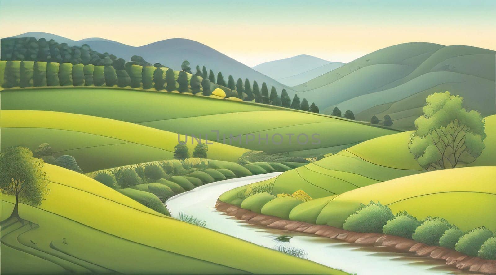 Rural landscape. Green hills, meadows and river. Vector illustration.