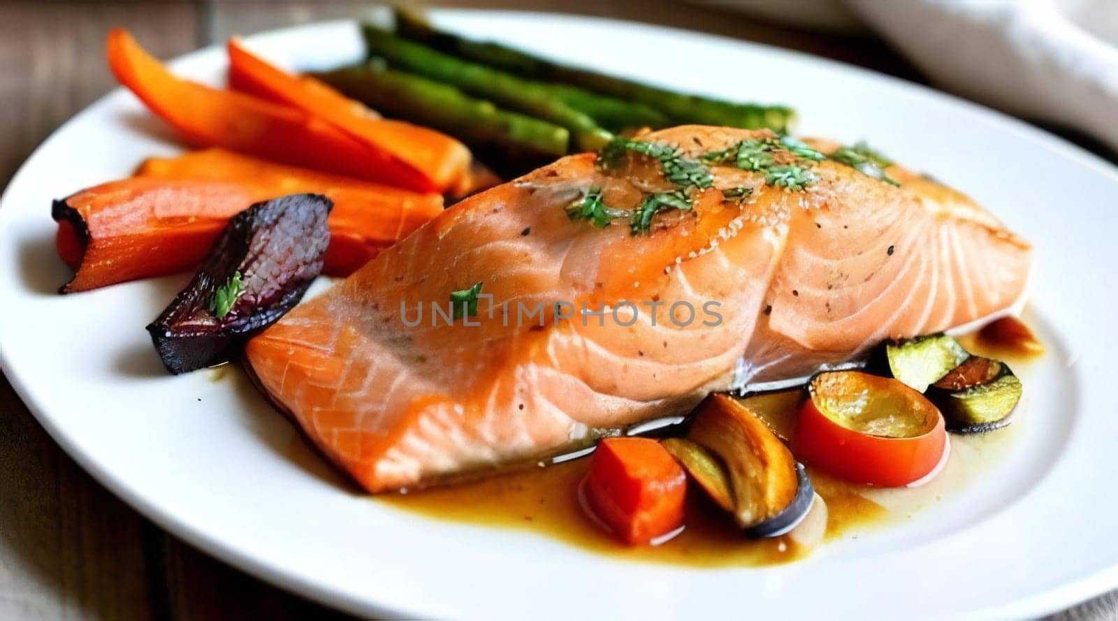 Salmon fillet with asparagus and vegetables on white plate. 3d render