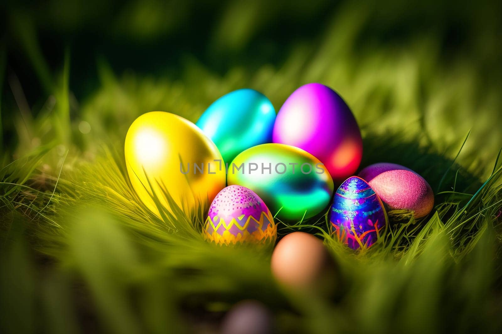 Colorful easter eggs on green grass with sun flare background