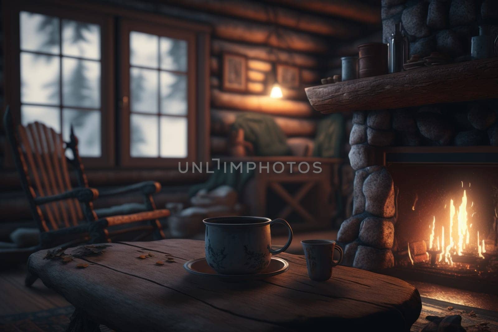 A cozy and inviting cabin in the woods, with a roaring fire and a hot cup of cocoa waiting inside