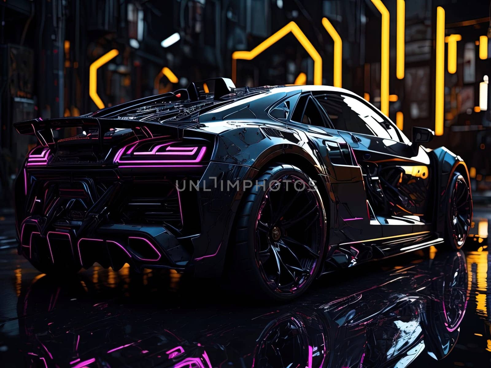 a brand-less generic concept car in neon light. generative ai