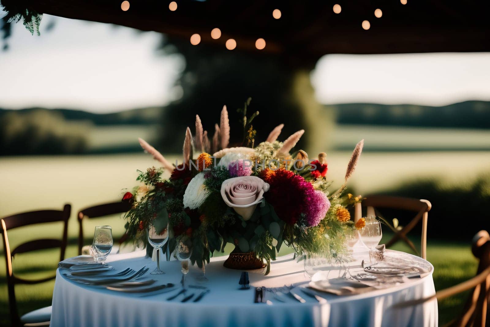 Wedding table setting with flowers and crockery on the grass