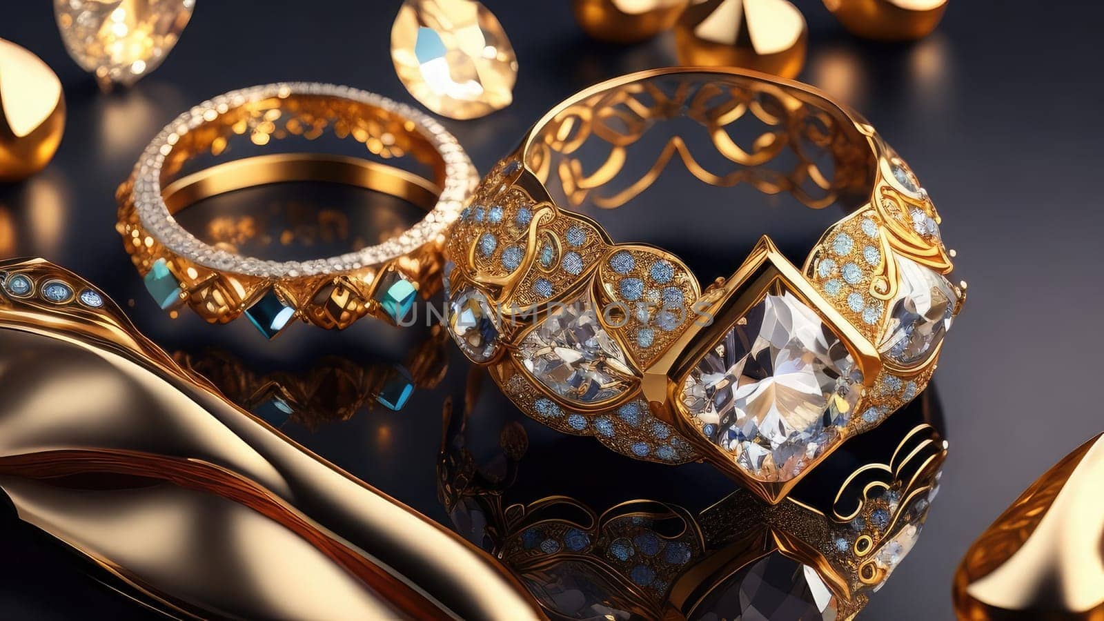 Jewelry gold rings on a black background. 3d rendering