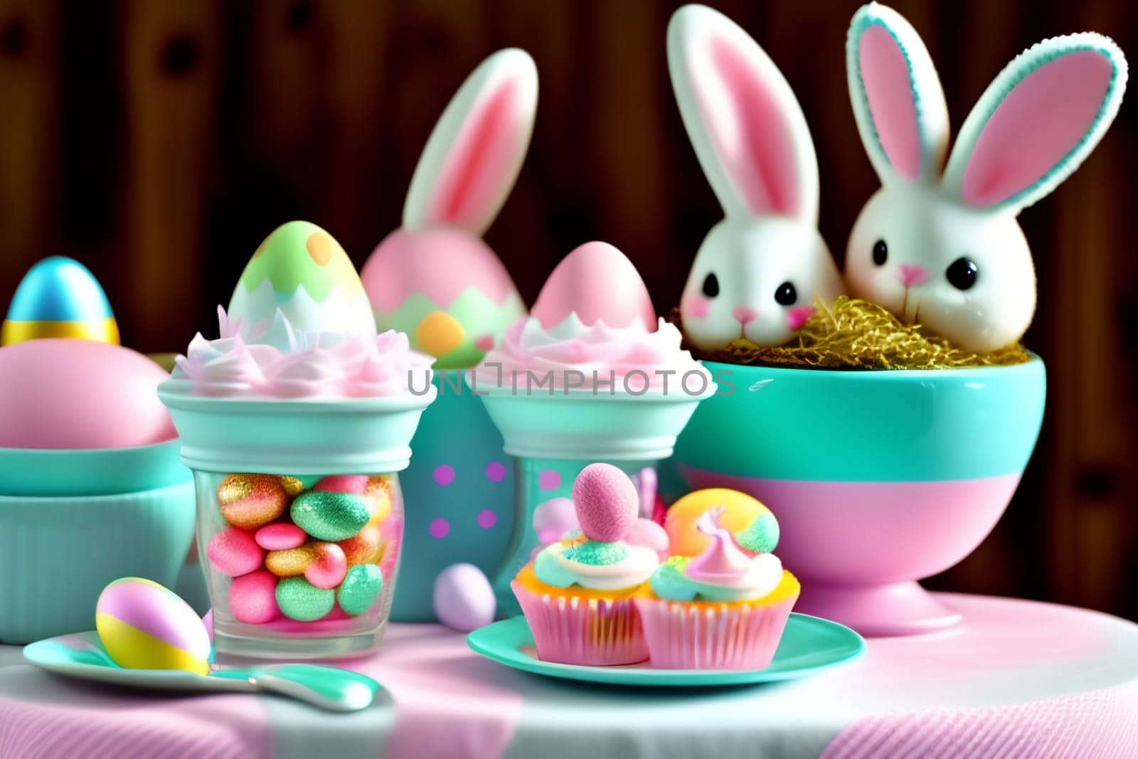 Easter eggs and cupcakes with bunny ears. 3d illustration