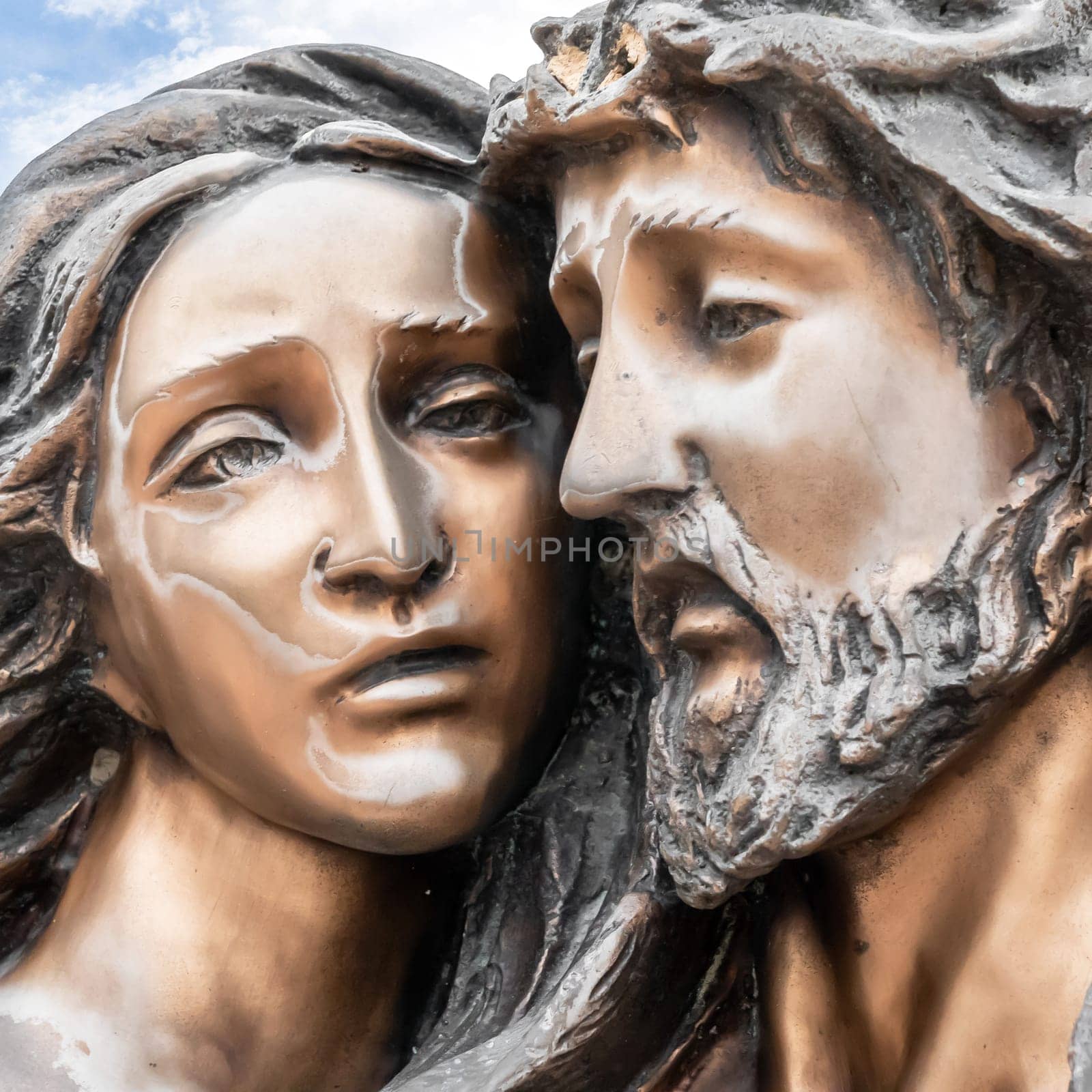 Jesus and Mary statue. Mother Mary holding her son Jesus. Easter.