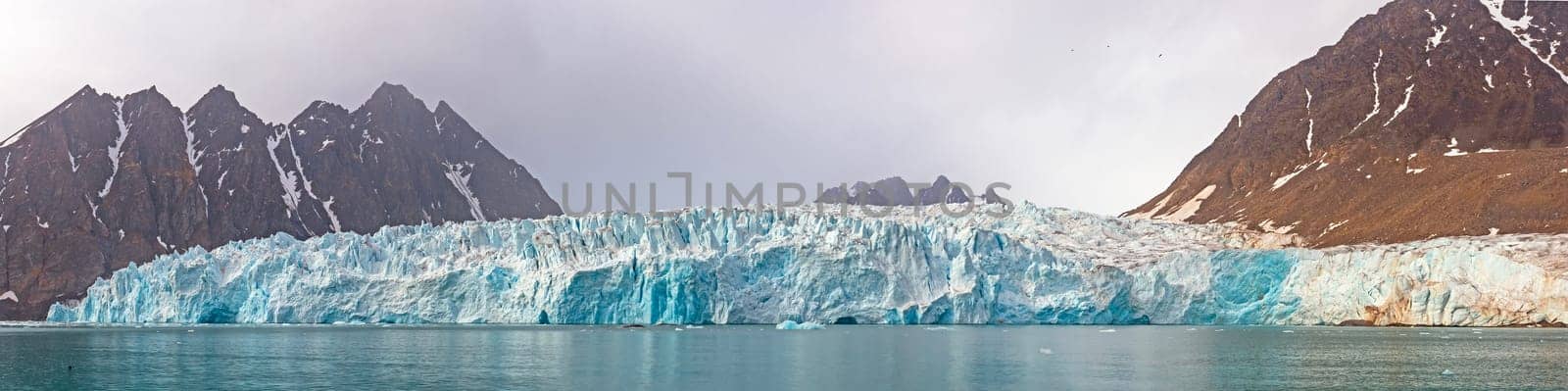 Panoramic View of an Active Arctic Glacier at Monacobreen in the Svalbard Islands