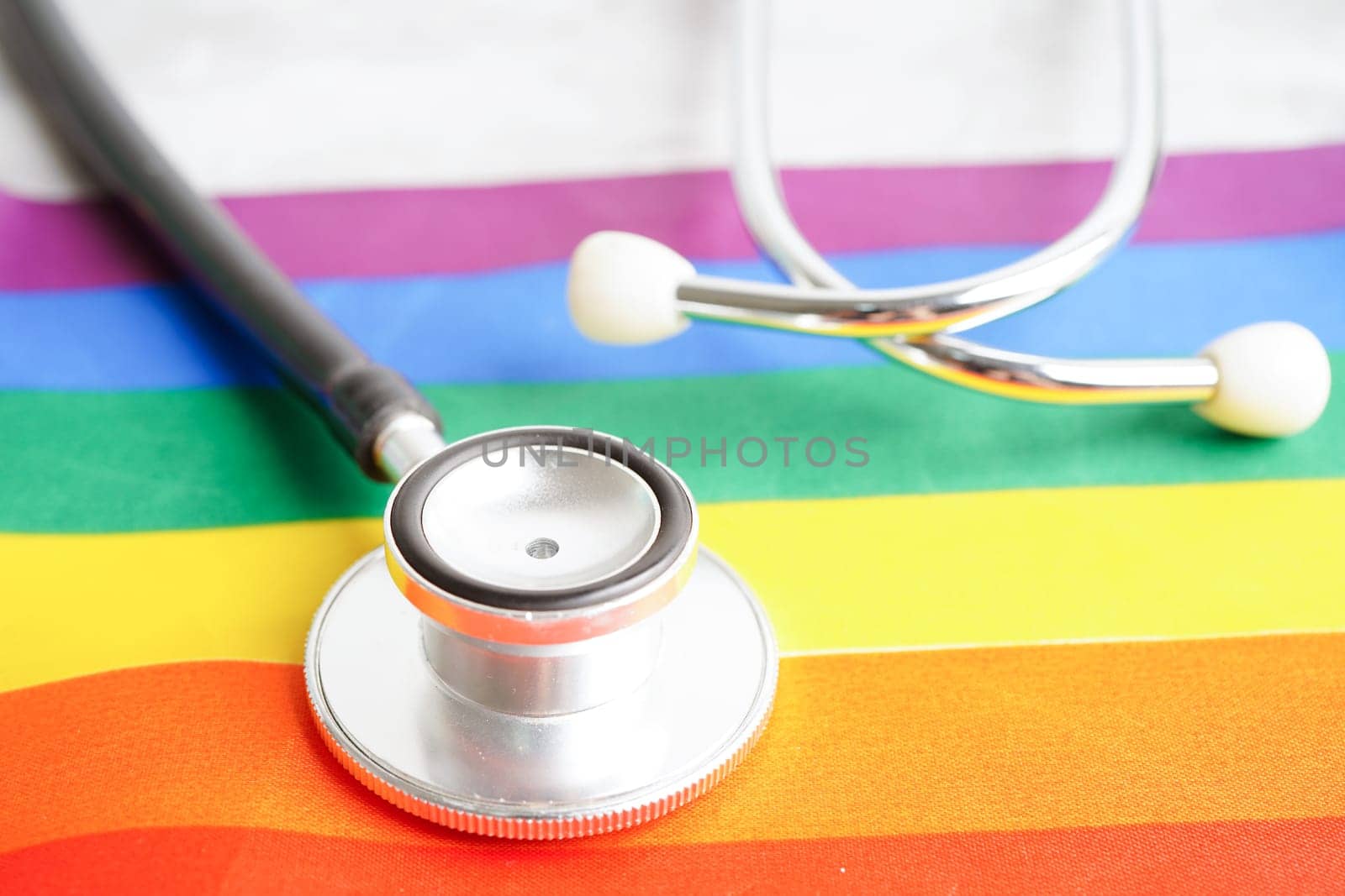 LGBT symbol, Stethoscope with rainbow ribbon, rights and gender equality, LGBT Pride Month in June.