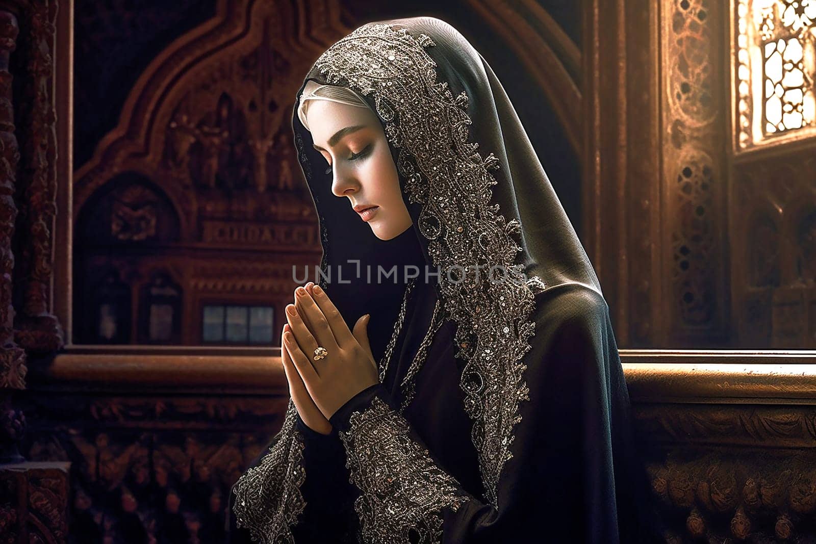 Woman praying at the alter, wearing a black dress. Ai generativ.