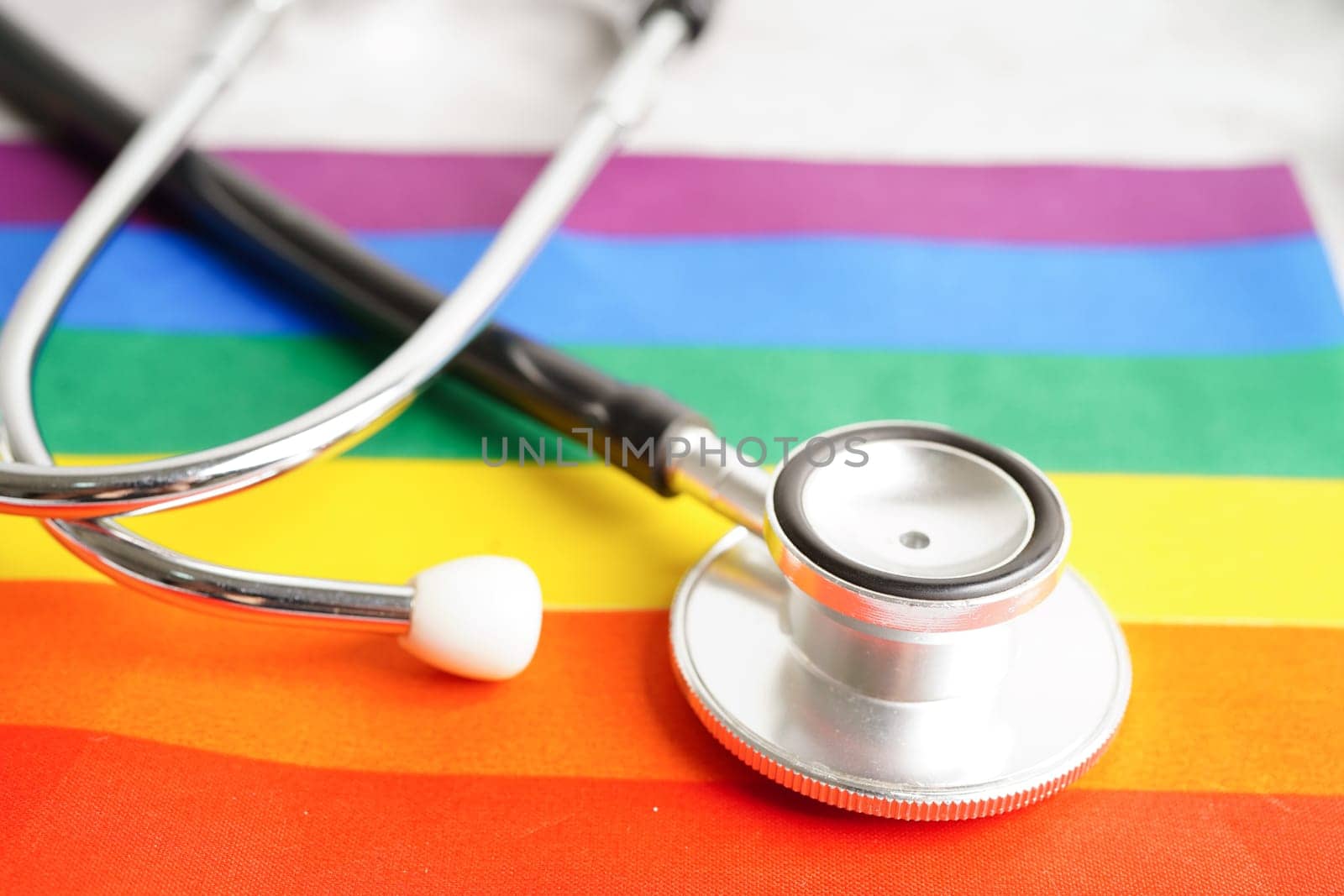 LGBT symbol, Stethoscope with rainbow ribbon, rights and gender equality, LGBT Pride Month in June.