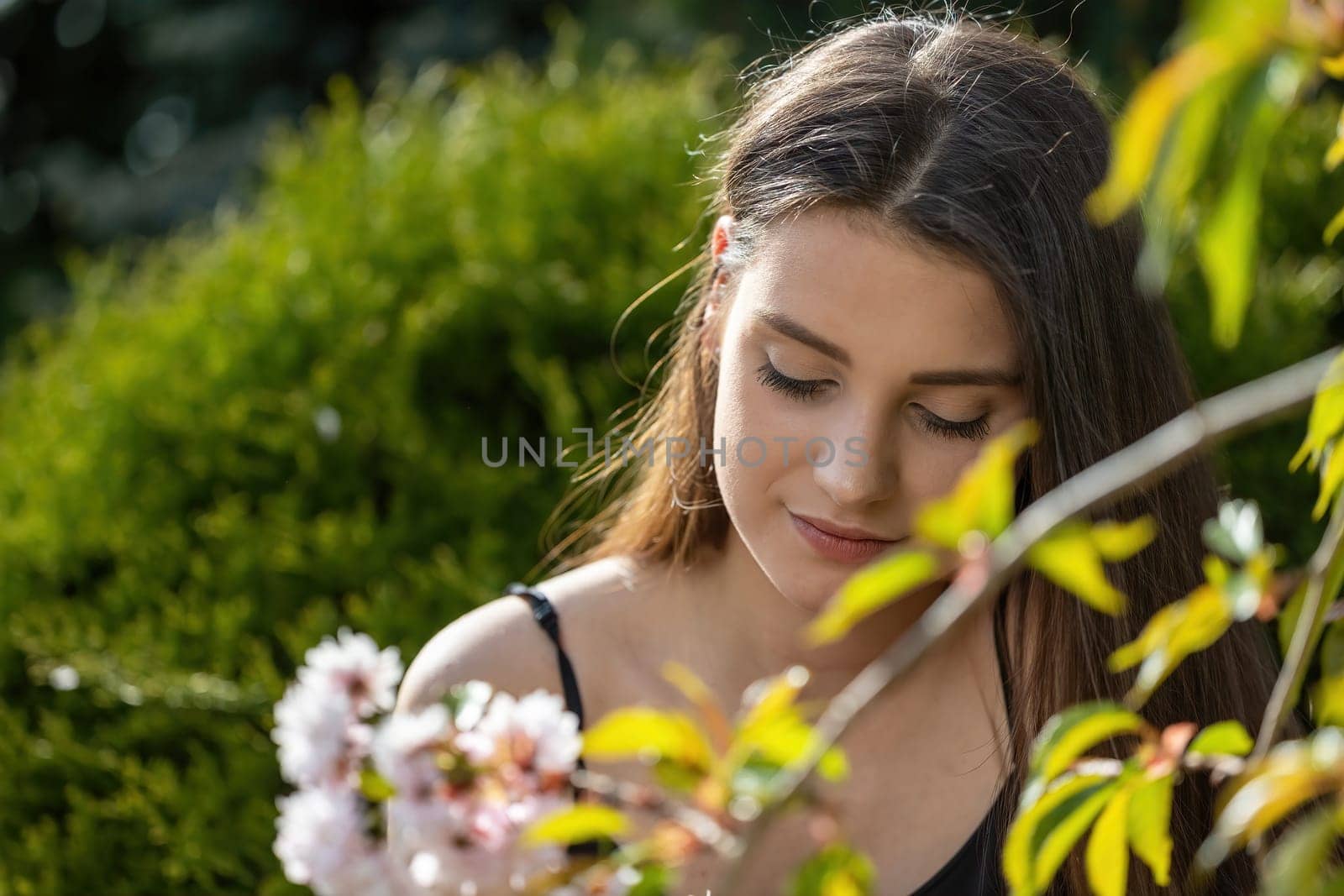 Serious beautiful girl poses behind a blossoming sakura tree.  Horizontally.
