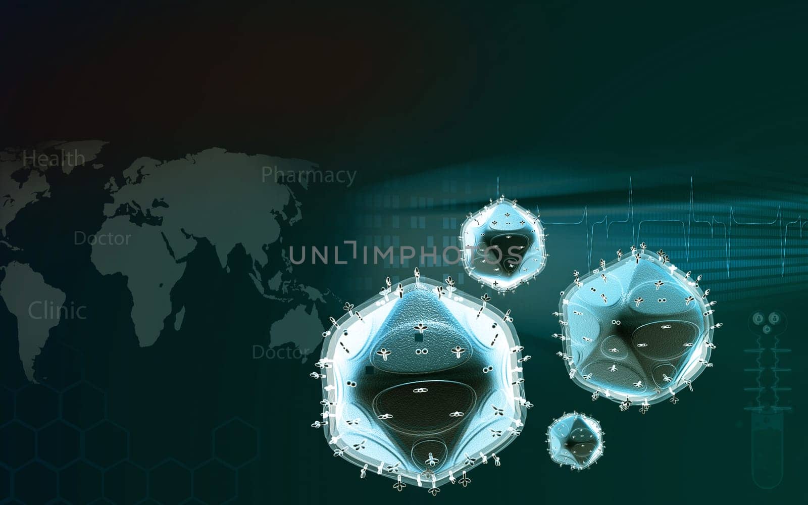 Digital illustration of HIV in colour background
